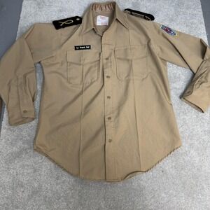 Creighton USMC Dress Shirt Mens 16 Beige Khaki Wool Blend Long Sleeve USA Patch